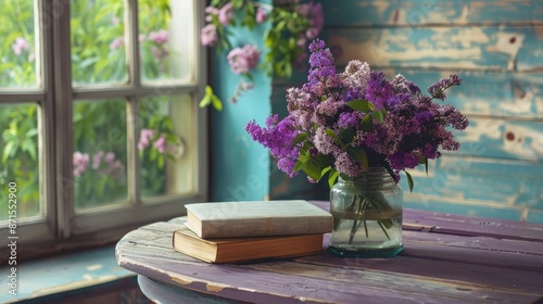 Purple bouquet and books on rustic table in cozy home setting