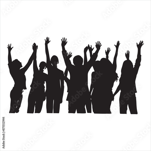 Applause people Cheerful crowd cheering Hands up silhouette white background
