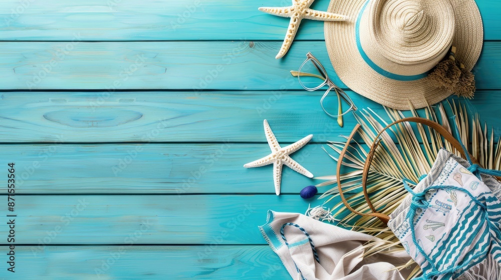 Top view of beach bag and items on blue wooden surface with space for text Top view of beach bag and items on blue wooden surface with space for text