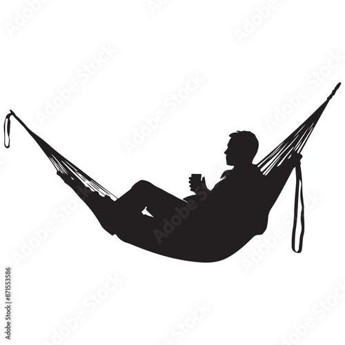 Man relaxing lying in hammock silhouette white background
