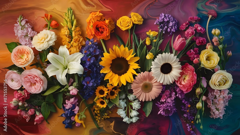 Obraz premium Different flowers on colour background