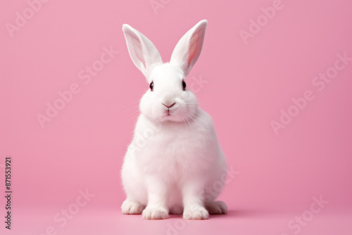 a white rabbit sitting on a pink background © Vladimir