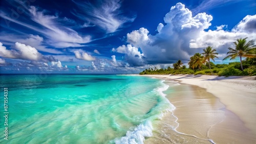 Fototapeta Naklejka Na Ścianę i Meble -  Vibrant turquoise waters lap against powdery white sand on a serene, deserted Caribbean beach under a brilliant blue afternoon sky.
