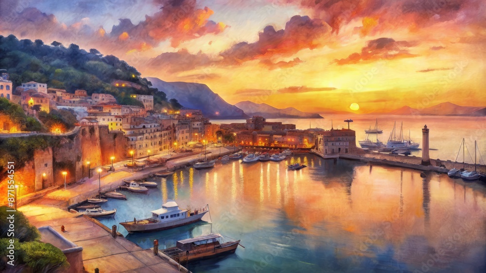 Vibrant orange hues illuminate Salerno's bustling commercial port and picturesque harbour at sunset along Amalfi Coast's Mediterranean shoreline. Vibrant orange hues illuminate Salerno's bustling commercial port and picturesque harbour at sunset along Amalfi Coast's Mediterranean shoreline.