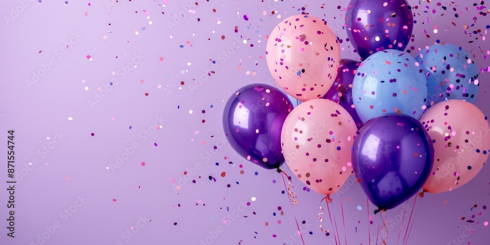 Purple background, pink, purple and blue balloons, confetti, copy space for text