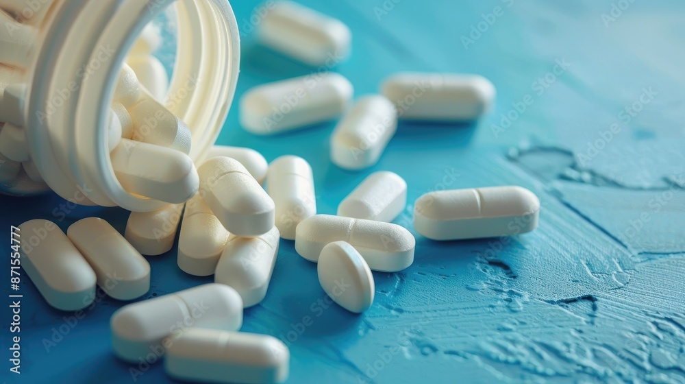 Vitamins and minerals in white capsules spilled from a jar onto a blue surface Immune defense virus prevention concept Dietary supplements Empty area Vitamins and minerals in white capsules spilled from a jar onto a blue surface Immune defense virus prevention concept Dietary supplements Empty area