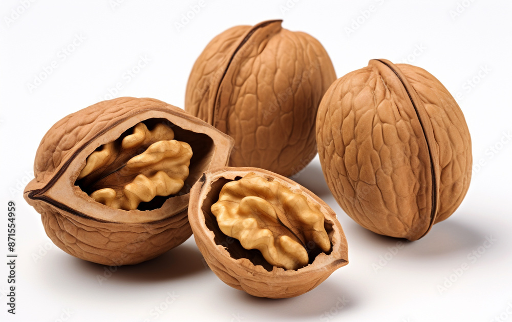 Delicious walnuts cut out isolated on a white background, generative AI Delicious walnuts cut out isolated on a white background, generative AI