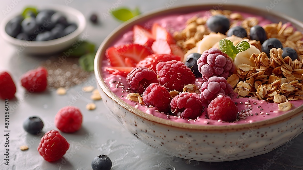 A beautifully presented smoothie bowl featuring a mix of fresh fruits, granola, and chia seeds, on a white background. A beautifully presented smoothie bowl featuring a mix of fresh fruits, granola, and chia seeds, on a white background.