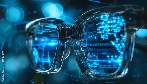 Secure transactions, AR glasses, digital holograms, futuristic fintech © Cathynew