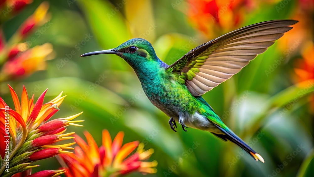 Naklejka premium Vibrant green tropical foliage serves as backdrop for iridescent hummingbird in mid-flight, wings beating rapidly, near bright exotic flowers.