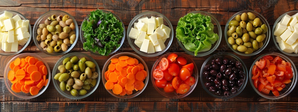  A wooden table holds various food-filled containers aligned next to one another, surrounded by a wooden wall behind