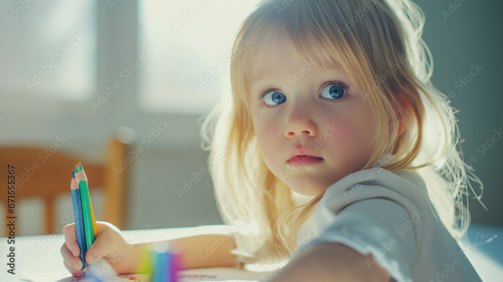 Blonde girl drawing with crayons at a white table. Blonde girl drawing with crayons at a white table.