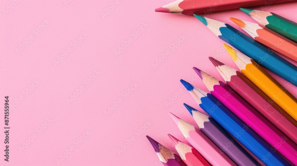 Colored pencils on pink background with text space Colored pencils on pink background with text space