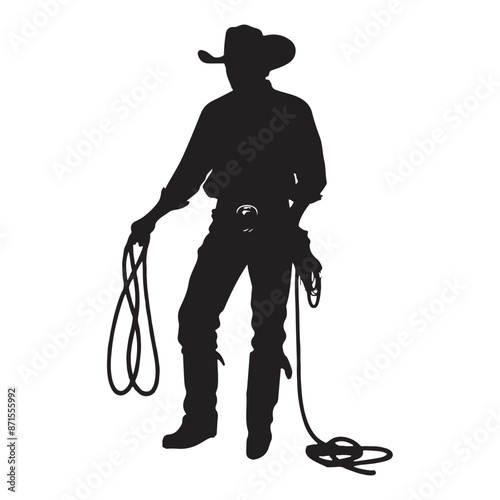 Cowboy with lasso rope silhouette white background
