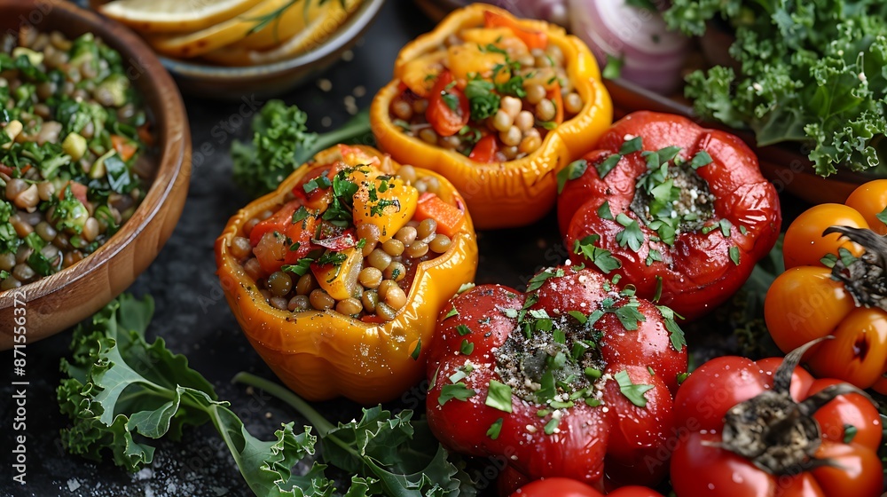 A delicious plant-based feast with dishes like stuffed bell peppers, a hearty lentil stew, and a kale and avocado salad, presented in a clean and minimalist style. A delicious plant-based feast with dishes like stuffed bell peppers, a hearty lentil stew, and a kale and avocado salad, presented in a clean and minimalist style.
