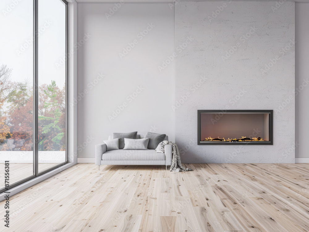 Fototapeta premium Minimalist luxurious interiors design composition in neutral colors depicting an empty room with a fireplace. Luxury residential Real Estate.