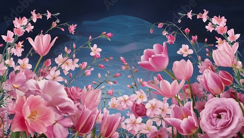 Beautiful pink spring flowers on blue background