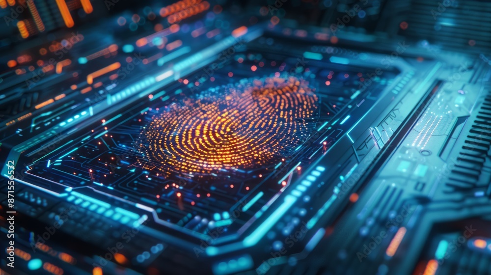 High-Tech Fingerprint on Futuristic Circuit Board with Glowing LED Lights High-Tech Fingerprint on Futuristic Circuit Board with Glowing LED Lights