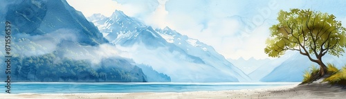 Wallpaper Mural Serene watercolor landscape painting with distant mountains, a calm lake, and a solitary tree, exuding tranquility and natural beauty. Torontodigital.ca