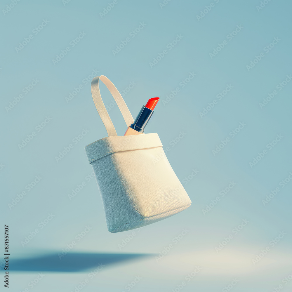 A cosmetic bag with a simple background, containing a lipstick, a brush flying out of the canvas bag, in cartoon style, a cosmetic simple design A cosmetic bag with a simple background, containing a lipstick, a brush flying out of the canvas bag, in cartoon style, a cosmetic simple design