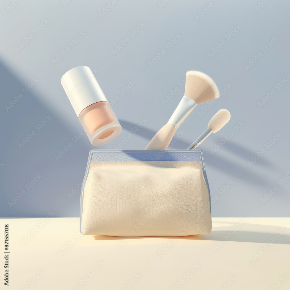 A cosmetic bag with a simple background, containing a lipstick, a brush flying out of the canvas bag, in cartoon style, a cosmetic simple design A cosmetic bag with a simple background, containing a lipstick, a brush flying out of the canvas bag, in cartoon style, a cosmetic simple design