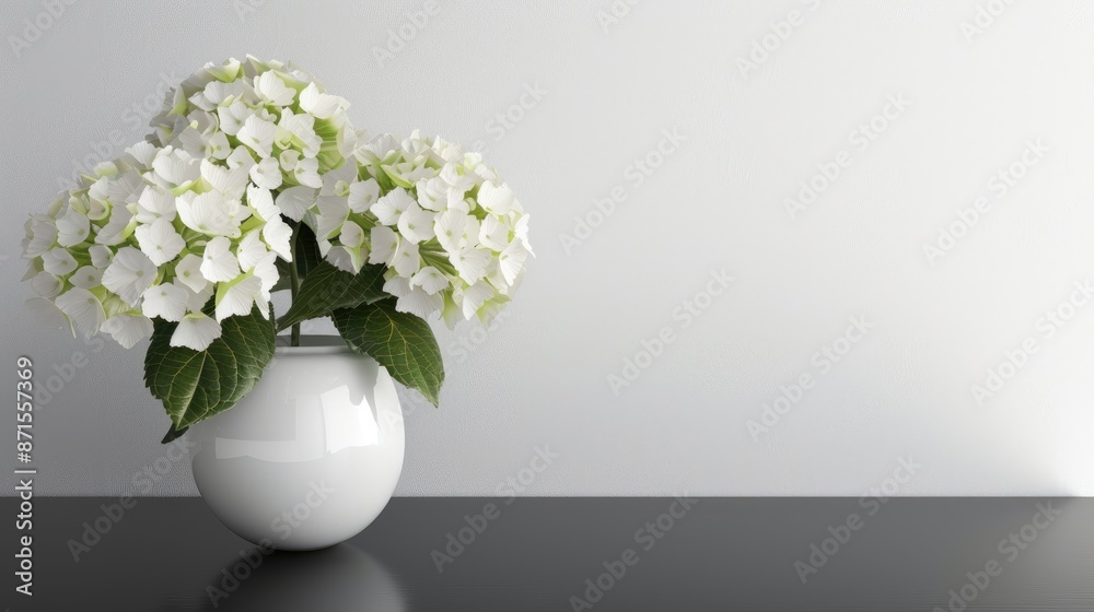 Hydrangeas in white vase on black surface in front of white backdrop focus on specific areas Hydrangeas in white vase on black surface in front of white backdrop focus on specific areas