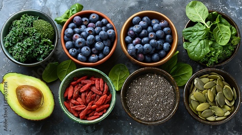A nutritious display of superfoods including kale, avocado, blueberries, chia seeds, and goji berries, presented in a clean and appealing style.