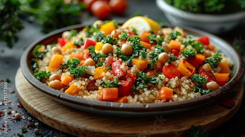 A nutritious plate of quinoa and roasted vegetable medley with bell peppers, carrots, and kale, drizzled with a lemon herb dressing.