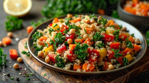 A nutritious plate of quinoa and roasted vegetable medley with bell peppers, carrots, and kale, drizzled with a lemon herb dressing.