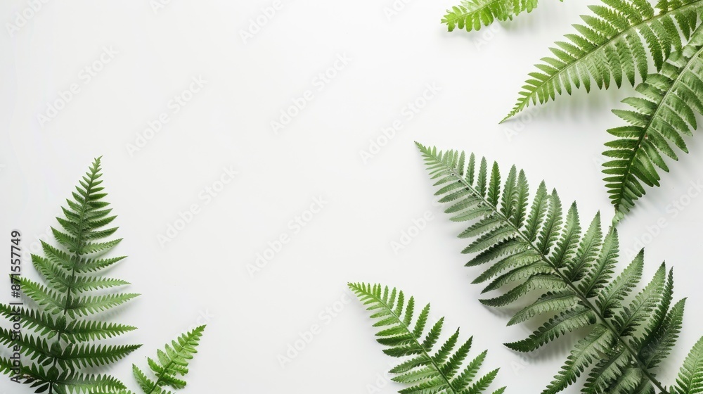 Fern branch and plant on white desk from top view as background Fern branch and plant on white desk from top view as background