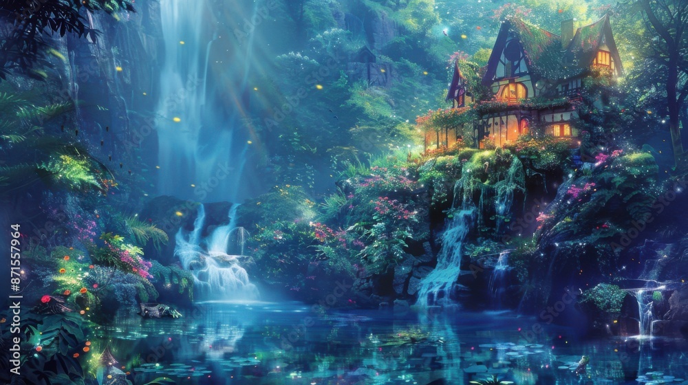 Fototapeta premium Enchanted Waterfall Retreat - Fantasy Magic House Surrounded by Luminous Plants in Watercolor Style