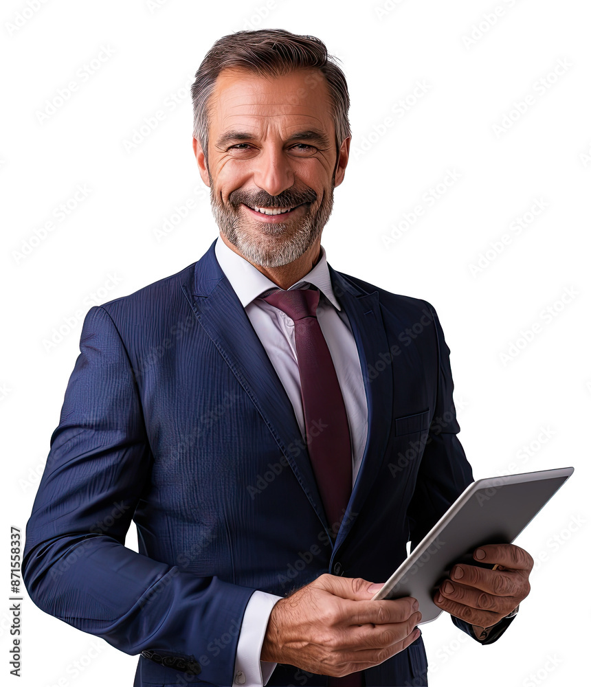 Portrait of senior executive businessman happy smiling and standing posing holding using tablet computer, Wear a blue suit and red tie, isolated on white background, png