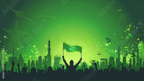 Illustration Anniversary celebration pakistan day with green flag background, Generative AI © adan