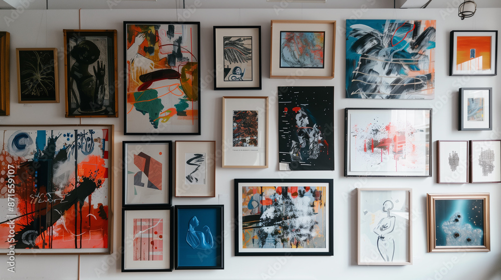A gallery wall filled with an array of eclectic frames, each showcasing a unique abstract art piece. A gallery wall filled with an array of eclectic frames, each showcasing a unique abstract art piece.