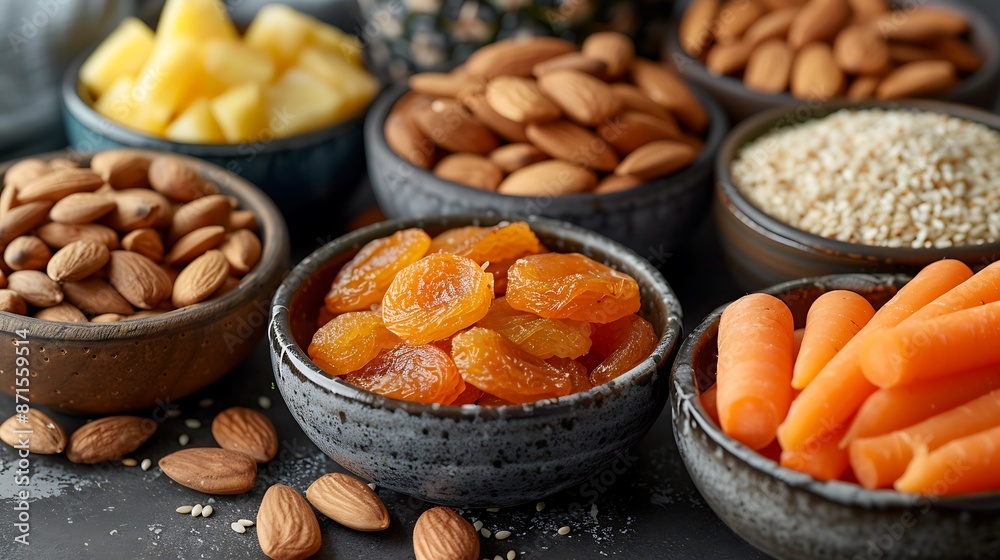 A visually appealing display of healthy snacks featuring almonds, sesame seeds, dried pineapples, and carrot sticks, presented in a clean and minimalist style. A visually appealing display of healthy snacks featuring almonds, sesame seeds, dried pineapples, and carrot sticks, presented in a clean and minimalist style.