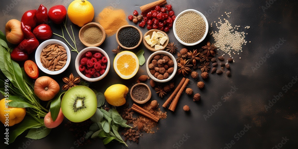 Assortment of Fresh Fruits, Spices, and Nuts