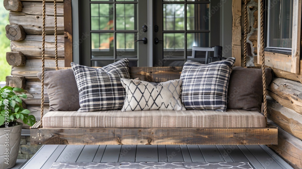 A minimalist cushion on a rustic porch swing made of reclaimed wood A minimalist cushion on a rustic porch swing made of reclaimed wood