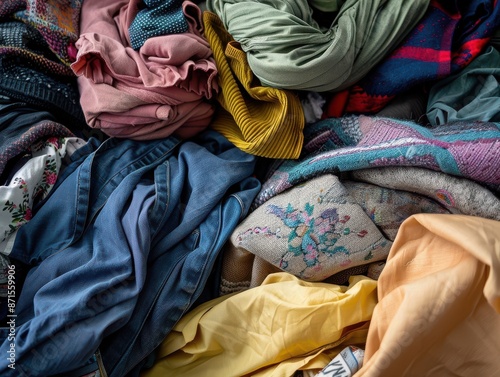 A pile of old, used clothing and textiles illustrating fast fashion waste. © Dalibor