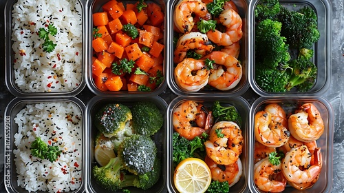 A week's worth of meal prep containers featuring grilled shrimp, wild rice, and steamed broccoli, ready for the week ahead. photo