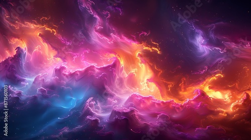 Design a background wallpaper in format. Depict a dreamscape bathed in neon light, where colorful, flowing tendrils dance and morph with an energetic vibrancy. The overall effect exudes a sense of