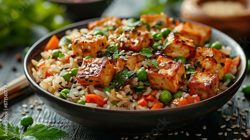 A wholesome dish of brown rice and vegetable stir-fry with carrots, peas, and tofu, garnished with sesame seeds.