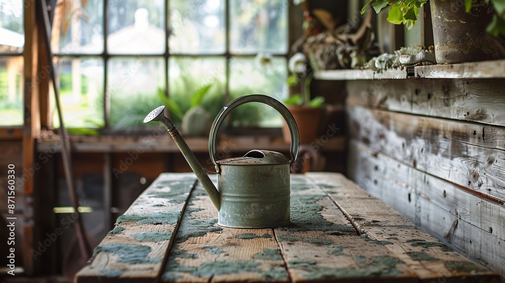 A minimalist watering can set on a rustic wooden table inside an old garden shed A minimalist watering can set on a rustic wooden table inside an old garden shed