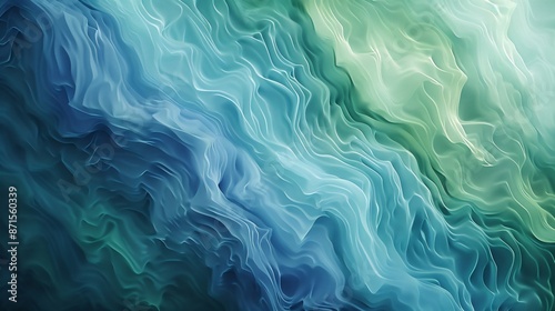 Abstract design featuring flowing, wavy textures in a soothing gradient of blue to green colors