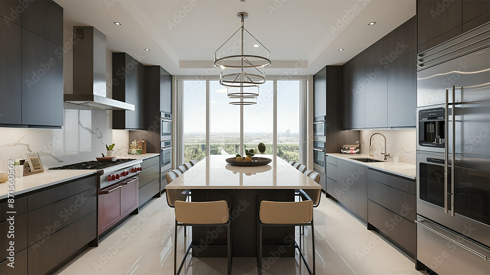 Fototapeta premium Contemporary Kitchen With Sleek, Stainless Steel Appliances, Marble Countertops