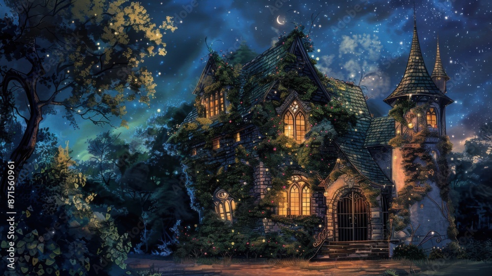 Enchanted Ivy-Covered House in Mystical Night - Watercolor Fantasy with Ancient Charm Enchanted Ivy-Covered House in Mystical Night - Watercolor Fantasy with Ancient Charm