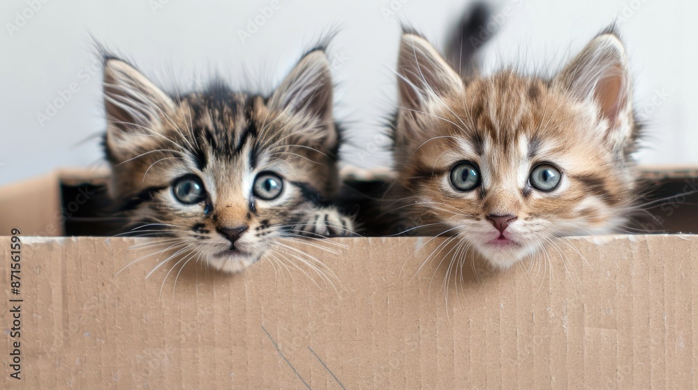Two small furry kittens peek from a box on a white background