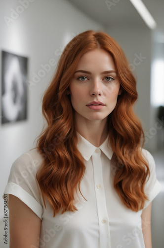Elegant Young Woman with Long Auburn Hair Wearing White Shirt in Modern Minimalist Gallery Setting Free Download Elegant Young Woman with Long Auburn Hair Wearing White Shirt in Modern Minimalist Gallery Setting - GFXLoad