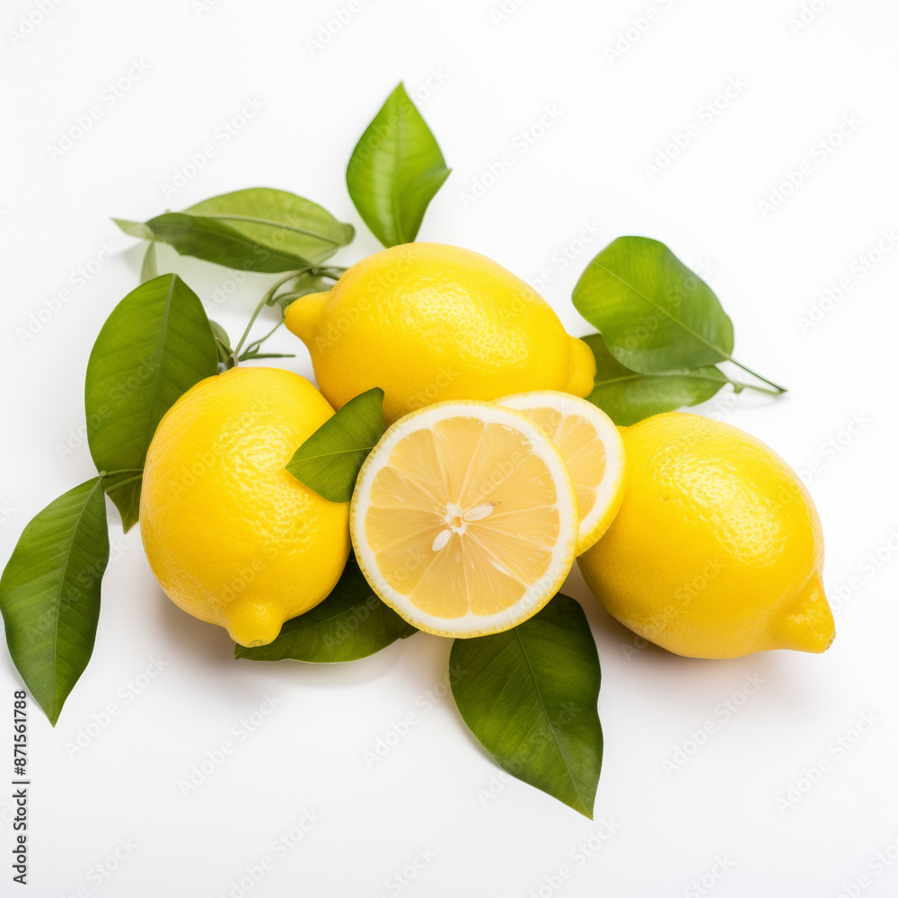 Three whole lemons and two lemon halves with leaves are lying on a white background Three whole lemons and two lemon halves with leaves are lying on a white background