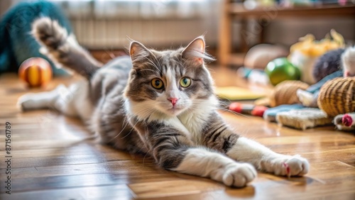 Adorable grey and white furry feline stretches languidly on sleek wooden floor surrounded by scattered toys and cozy homespun textiles. photo