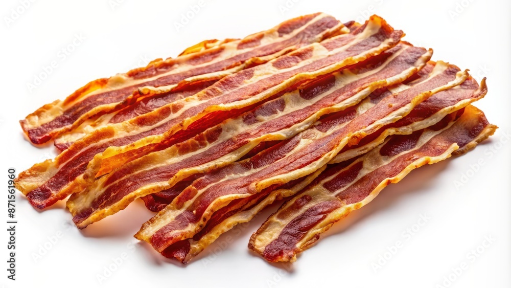 Delicious cured meat strips of crispy golden bacon arranged artfully on a pristine white background, awaiting culinary creation. Delicious cured meat strips of crispy golden bacon arranged artfully on a pristine white background, awaiting culinary creation.